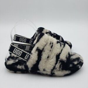 UGG Fluff Yeah Slide Marble Slippers 6 Womens White Black